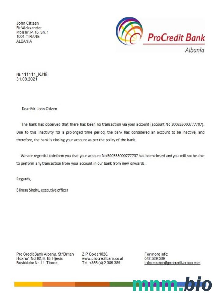 Albania ProCredit zamknięcie przykład odniesienia w formatach Word i PDF